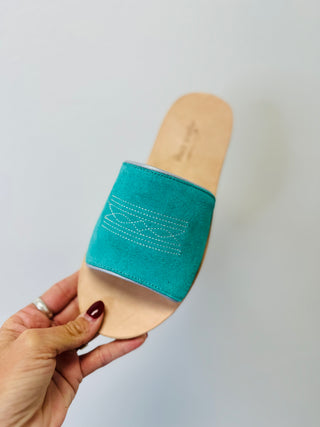 Nadia Turquoise Western Boot Stitch Agave Sky Slide Sandals-Sandals-Agave Sky-Motis & Co Boutique, Women's Fashion Boutique in Carthage, Missouri