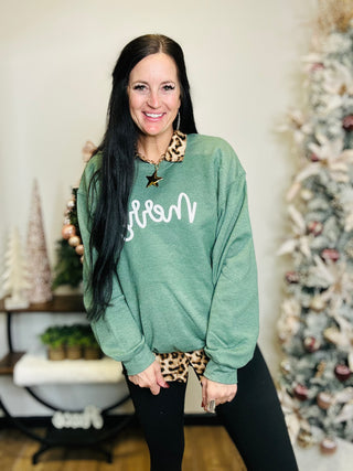 Merry Heather Green Graphic Pullover-graphic Sweatshirt-La Mousey-Motis & Co Boutique, Women's Fashion Boutique in Carthage, Missouri