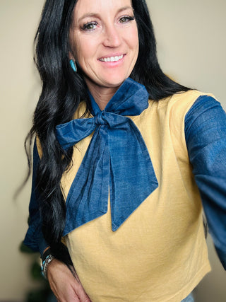 Highway Blues Denim Bow Tie Blouse-Long Sleeves-2 Fly-Motis & Co Boutique, Women's Fashion Boutique in Carthage, Missouri