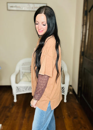 McKay Oversized Crochet Pocket Tee - Brown-Short Sleeves-EASEL-Motis & Co Boutique, Women's Fashion Boutique in Carthage, Missouri