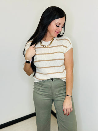 Megan Khaki Striped Knit Top-Short Sleeves-Blue Pepper-Motis & Co Boutique, Women's Fashion Boutique in Carthage, Missouri