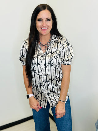 Rustic Ribbons Button Front Blouse-Short Sleeves-2 Fly-Motis & Co Boutique, Women's Fashion Boutique in Carthage, Missouri