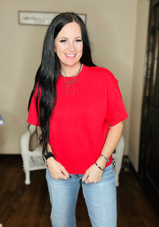 Isla Red Short Sleeve Sweater-Sweaters-Jodifl-Motis & Co Boutique, Women's Fashion Boutique in Carthage, Missouri