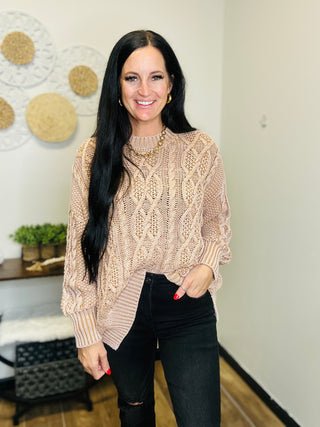 Long sleeve Cable Knit Sweater in Camel - Iris-Sweaters-EASEL-Motis & Co Boutique, Women's Fashion Boutique in Carthage, Missouri