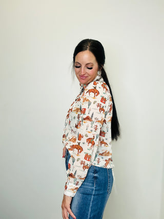 Serena Sheer Western Print Button Up Blouse-Tops-Blue B-Motis & Co Boutique, Women's Fashion Boutique in Carthage, Missouri