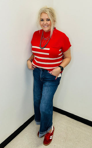 Jami Short Sleeve Red Striped Sweater-Short Sleeves-Zenana-Motis & Co Boutique, Women's Fashion Boutique in Carthage, Missouri