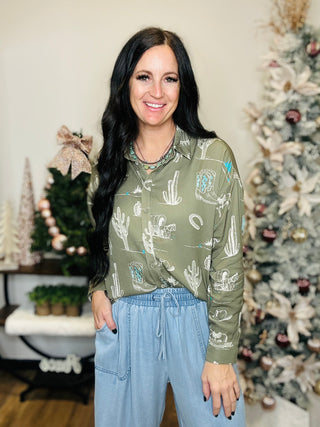 Tae Western Print Button Down - Olive-Long Sleeves-Taelynn-Motis & Co Boutique, Women's Fashion Boutique in Carthage, Missouri