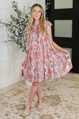 Boho and Behold Flutter Sleeve Dress in Blush/Fuchsia/Mint-Dresses-Ave shops-Motis & Co Boutique, Women's Fashion Boutique in Carthage, Missouri