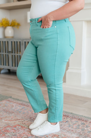 Bridgette High Rise Garment Dyed Slim Jeans in Aquamarine-Jeans-Ave-Motis & Co Boutique, Women's Fashion Boutique in Carthage, Missouri