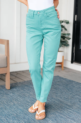 Bridgette High Rise Garment Dyed Slim Jeans in Aquamarine-Jeans-Ave-Motis & Co Boutique, Women's Fashion Boutique in Carthage, Missouri