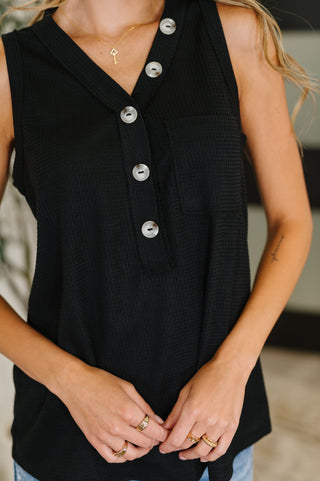 Buttoned Up Buttercup Sleeveless Top in Black-Tanks-Ave Shops-Motis & Co Boutique, Women's Fashion Boutique in Carthage, Missouri