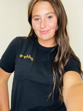 Giddy Up Black Pocket Tee-Graphic Tees-Rodeo Hippie-Motis & Co Boutique, Women's Fashion Boutique in Carthage, Missouri