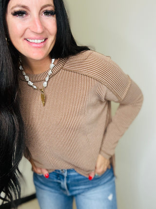 Ribbed Raw Edge Long Sleeve Top in Brown - Abby-Long Sleeves-Zenana-Motis & Co Boutique, Women's Fashion Boutique in Carthage, Missouri