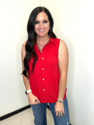 Andree by Unit Sleeveless Button Down Blouse Red-Short Sleeves-Andree by Unit-Motis & Co Boutique, Women's Fashion Boutique in Carthage, Missouri