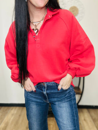 Lulu Red Snap Button Collared Sweatshirt-Pullovers-Papermoon-Motis & Co Boutique, Women's Fashion Boutique in Carthage, Missouri