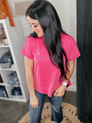 Fran Fuchsia V Neck Basic Top-Short Sleeves-Jodifl-Motis & Co Boutique, Women's Fashion Boutique in Carthage, Missouri