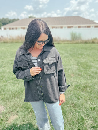 Onyx Black Washed Denim Shirt Jacket-Coats & Jackets-HYFVE-Motis & Co Boutique, Women's Fashion Boutique in Carthage, Missouri