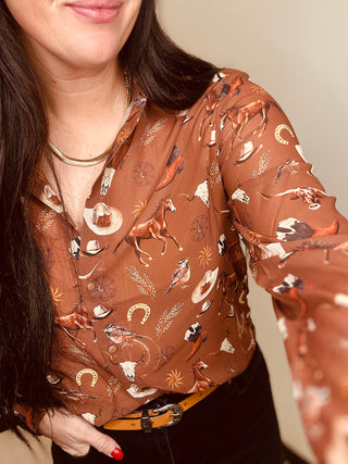Reece Button Up Chiffon Western Print Blouse-Long Sleeves-Blue B-Motis & Co Boutique, Women's Fashion Boutique in Carthage, Missouri
