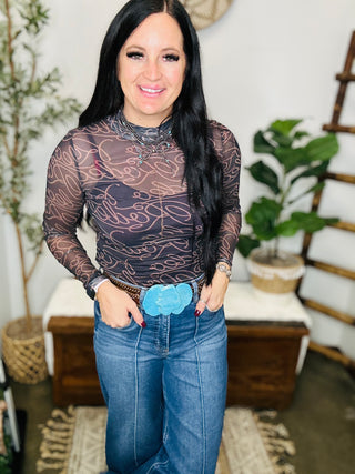 Rodeo Black and Tan Mesh Top-Long Sleeves-MOTIS-Motis & Co Boutique, Women's Fashion Boutique in Carthage, Missouri