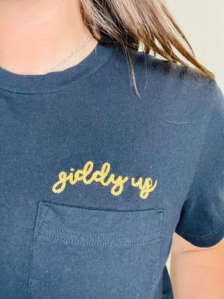 Giddy Up Black Pocket Tee-Graphic Tees-Rodeo Hippie-Motis & Co Boutique, Women's Fashion Boutique in Carthage, Missouri