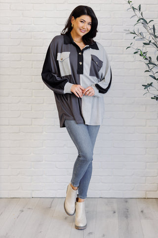 Chip Off the Old Colorblock V-Neck Henley in Grey-Tops-Ave Shops-Motis & Co Boutique, Women's Fashion Boutique in Carthage, Missouri