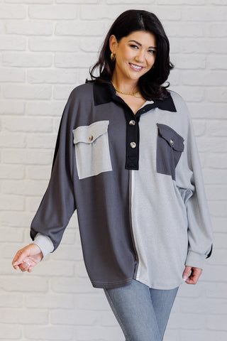 Chip Off the Old Colorblock V-Neck Henley in Grey-Tops-Ave Shops-Motis & Co Boutique, Women's Fashion Boutique in Carthage, Missouri
