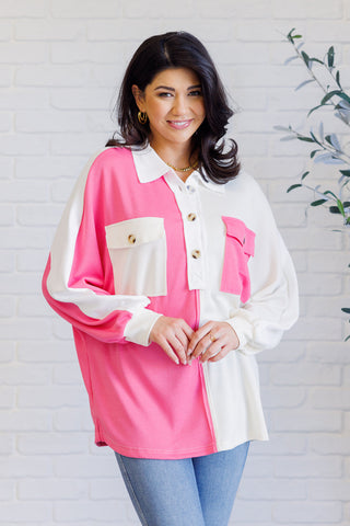 Chip Off the Old Colorblock V-Neck Henley in Pink-Tops-Ave Shops-Motis & Co Boutique, Women's Fashion Boutique in Carthage, Missouri