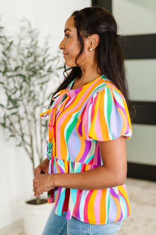 Chromatide Puff Sleeve Blouse in Mint/Orange-Blouses-Ave Shops-Motis & Co Boutique, Women's Fashion Boutique in Carthage, Missouri