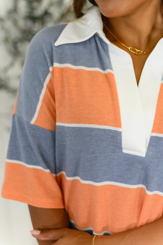 Cloudbound Collared Casual Top in Orange and Denim-T-shirt-Ave Shops-Motis & Co Boutique, Women's Fashion Boutique in Carthage, Missouri