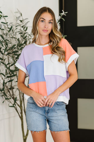 Contrast Club Color Block Top in Lilac, Orange and Denim-Blouses-Ave Shops-Motis & Co Boutique, Women's Fashion Boutique in Carthage, Missouri