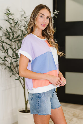 Contrast Club Color Block Top in Lilac, Orange and Denim-Blouses-Ave Shops-Motis & Co Boutique, Women's Fashion Boutique in Carthage, Missouri