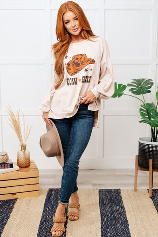 Cow Girl Graphic Pullover in Stone-graphic Sweatshirt-Ave Shops-Motis & Co Boutique, Women's Fashion Boutique in Carthage, Missouri
