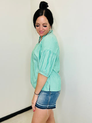 Emery Green Stiped Bubble Sleeve Top-Short Sleeves-GiGiO-Motis & Co Boutique, Women's Fashion Boutique in Carthage, Missouri