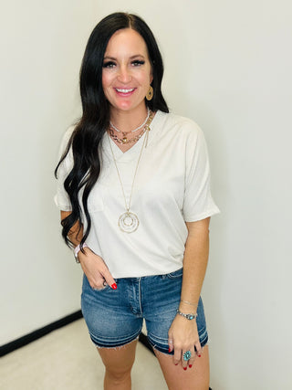 Bree Casual V Neck Casual Top Oatmeal-Short Sleeves-Andree-Motis & Co Boutique, Women's Fashion Boutique in Carthage, Missouri