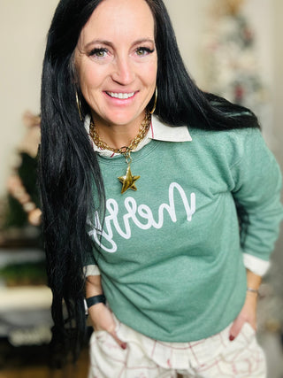 Merry Heather Green Graphic Pullover-graphic Sweatshirt-La Mousey-Motis & Co Boutique, Women's Fashion Boutique in Carthage, Missouri