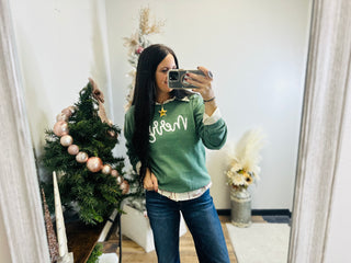 Merry Heather Green Graphic Pullover-graphic Sweatshirt-La Mousey-Motis & Co Boutique, Women's Fashion Boutique in Carthage, Missouri
