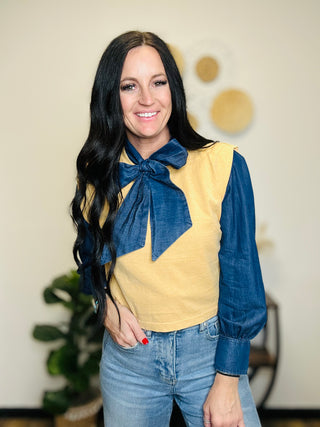 Highway Blues Denim Bow Tie Blouse-Long Sleeves-2 Fly-Motis & Co Boutique, Women's Fashion Boutique in Carthage, Missouri