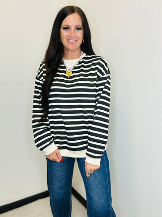 Relaxed Striped Long Sleeve Pullover Black/Cream - Jenn-Pullovers-HYFVE-Motis & Co Boutique, Women's Fashion Boutique in Carthage, Missouri