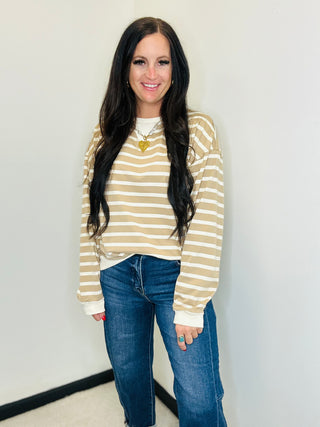 Relaxed Striped long sleeve pullover in Taupe - Jenn-Pullovers-HYFVE-Motis & Co Boutique, Women's Fashion Boutique in Carthage, Missouri