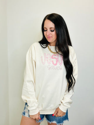 Jesus Saves Screen Print Patch Sweatshirt-graphic Sweatshirt-Dash Forward-Motis & Co Boutique, Women's Fashion Boutique in Carthage, Missouri