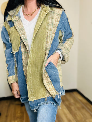 Patchwork Corduroy Hooded Shacket - Mya-Jackets-Blue Velvet-Motis & Co Boutique, Women's Fashion Boutique in Carthage, Missouri