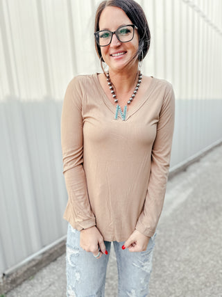 Sassy Ribbed V Neck Long Sleeve Taupe Top-Long Sleeves-Jodifl-Motis & Co Boutique, Women's Fashion Boutique in Carthage, Missouri