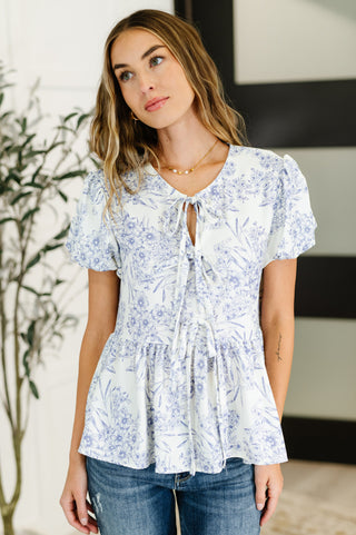 Dainty Lil' Thing Balloon Sleeve Blouse in Ivory/Blue-Blouses-Ave Shops-Motis & Co Boutique, Women's Fashion Boutique in Carthage, Missouri