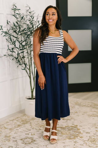 Dockside Darling Midi Dress in Navy-Dresses-Ave Shops-Motis & Co Boutique, Women's Fashion Boutique in Carthage, Missouri