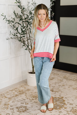Dressed to Chill V-Neck Top in Heather/Grey/Ivory/Pink-T-shirt-Ave Shops-Motis & Co Boutique, Women's Fashion Boutique in Carthage, Missouri