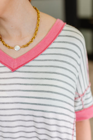 Dressed to Chill V-Neck Top in Heather/Grey/Ivory/Pink-T-shirt-Ave Shops-Motis & Co Boutique, Women's Fashion Boutique in Carthage, Missouri
