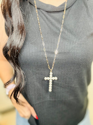 Pearl Cross Pendant Long Necklace-Necklaces-Carol Su-Motis & Co Boutique, Women's Fashion Boutique in Carthage, Missouri