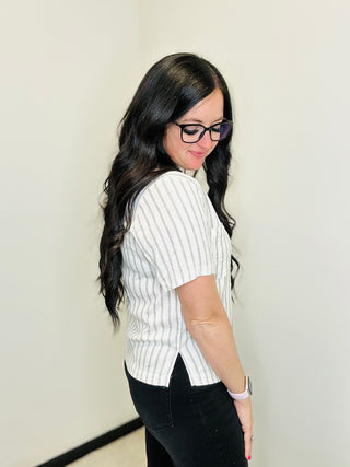 Deb Black & White Striped Blouse-Short Sleeves-staccato-Motis & Co Boutique, Women's Fashion Boutique in Carthage, Missouri