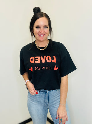 Loved John 3:16 Black Graphic Tee-Graphic Tees-Motis & CO-Motis & Co Boutique, Women's Fashion Boutique in Carthage, Missouri