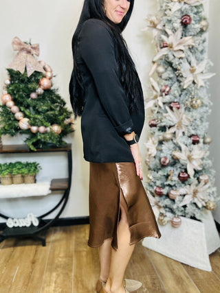 Miles Midi Satin Skirt - Brown-Dresses-LA MIEL-Motis & Co Boutique, Women's Fashion Boutique in Carthage, Missouri